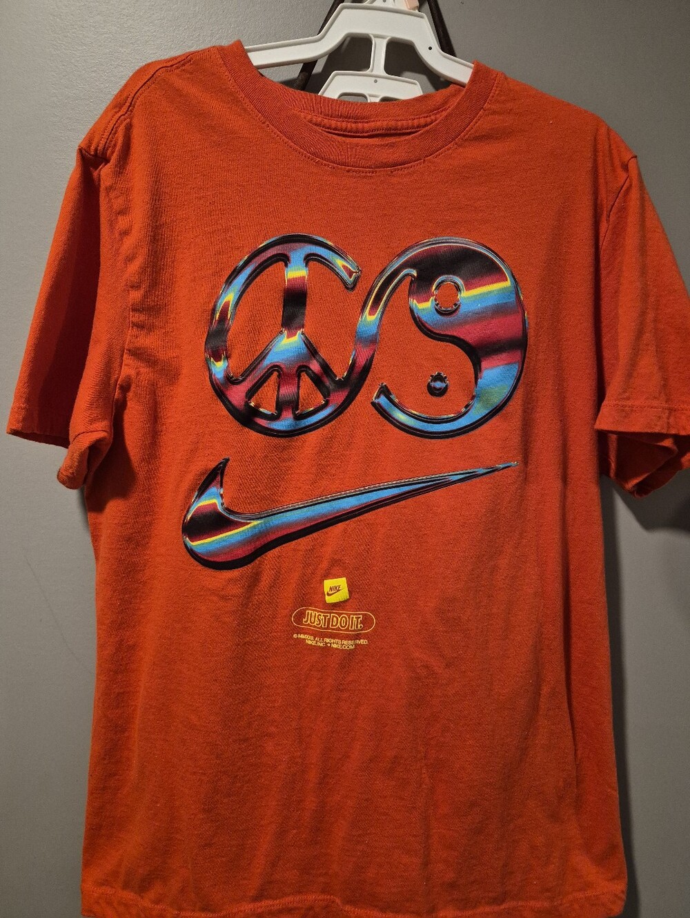Nike Orange/ Red Graphic Tee with Rainbow Iridescent Peace & Swoosh Mens Small